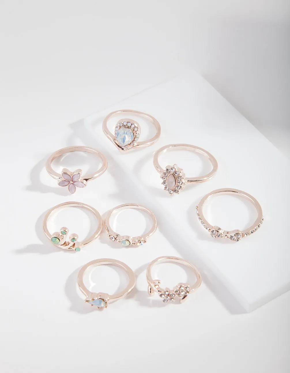 Rose Gold Floral Diamante Ring 8 Pack