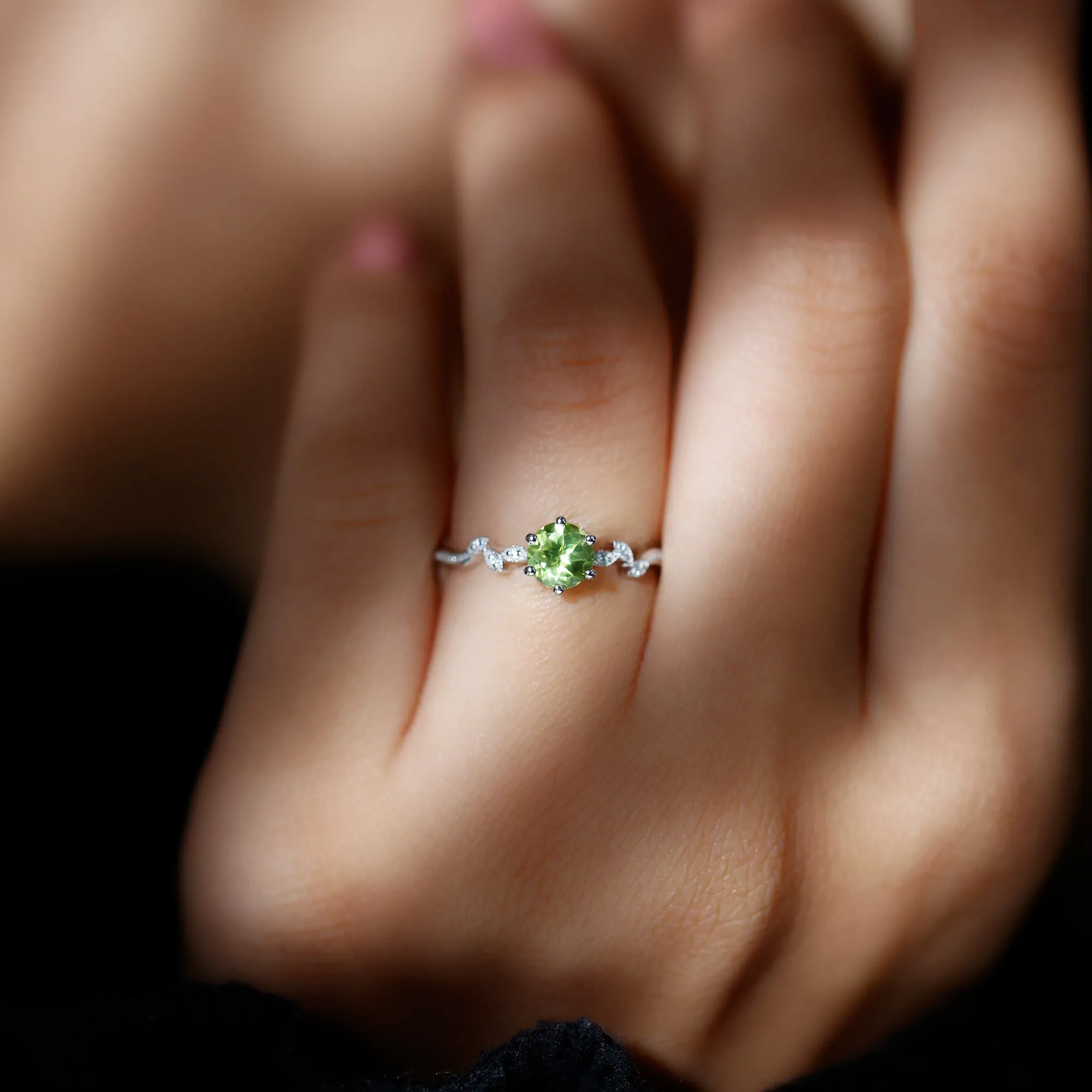 Round Peridot and Diamond Leaf Promise Ring with Beaded Detailing