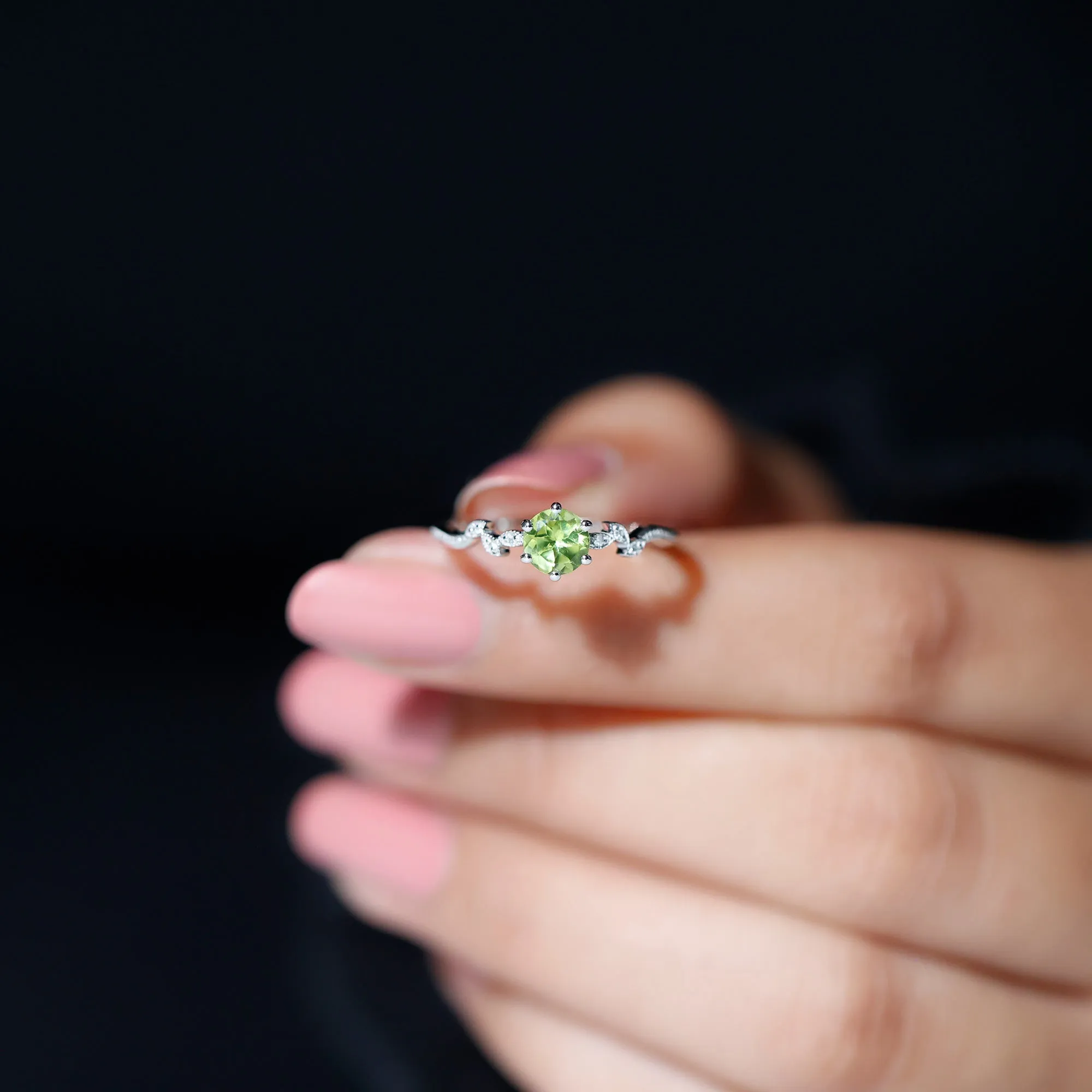 Round Peridot and Diamond Leaf Promise Ring with Beaded Detailing