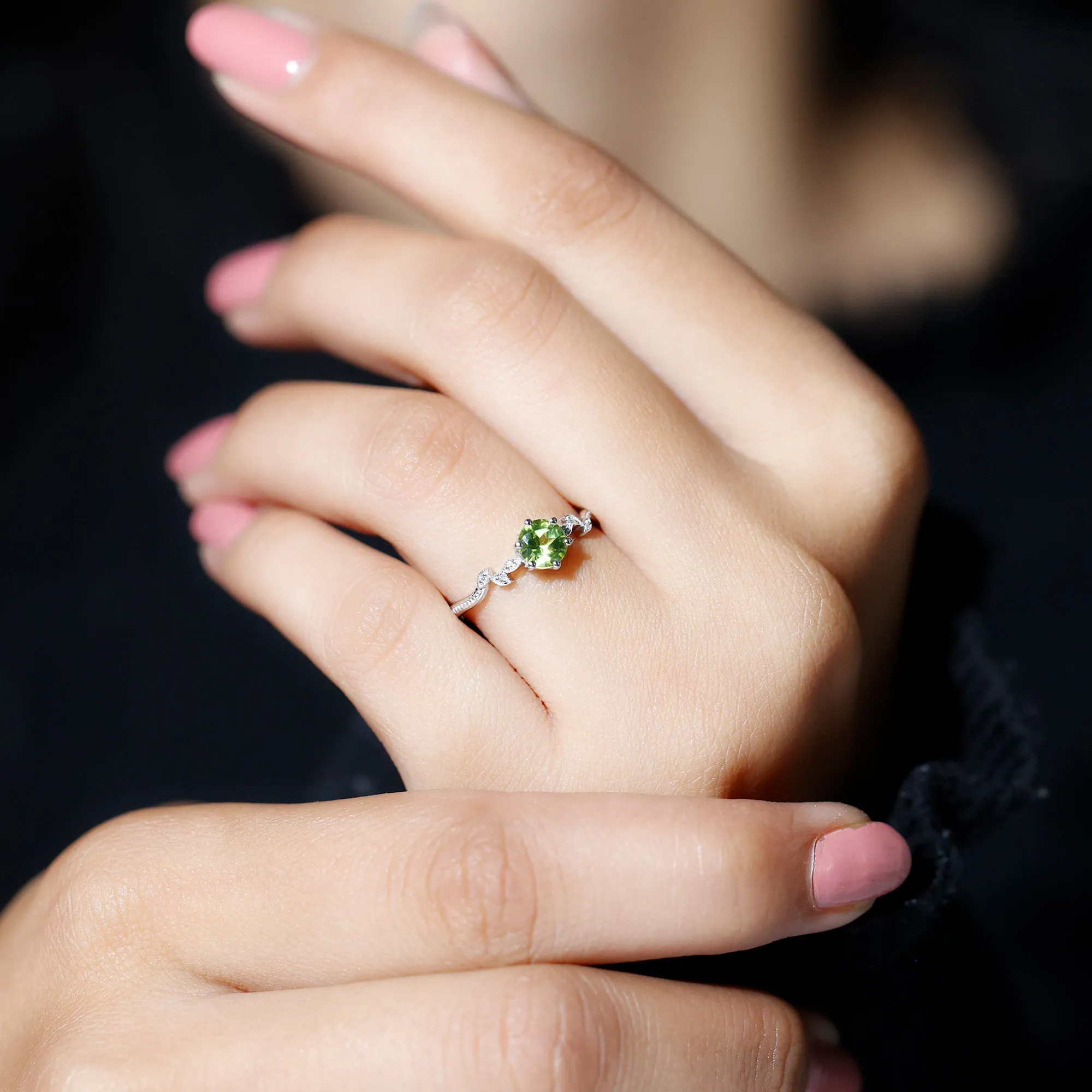 Round Peridot and Diamond Leaf Promise Ring with Beaded Detailing