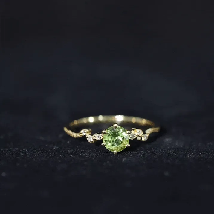 Round Peridot and Diamond Leaf Promise Ring with Beaded Detailing