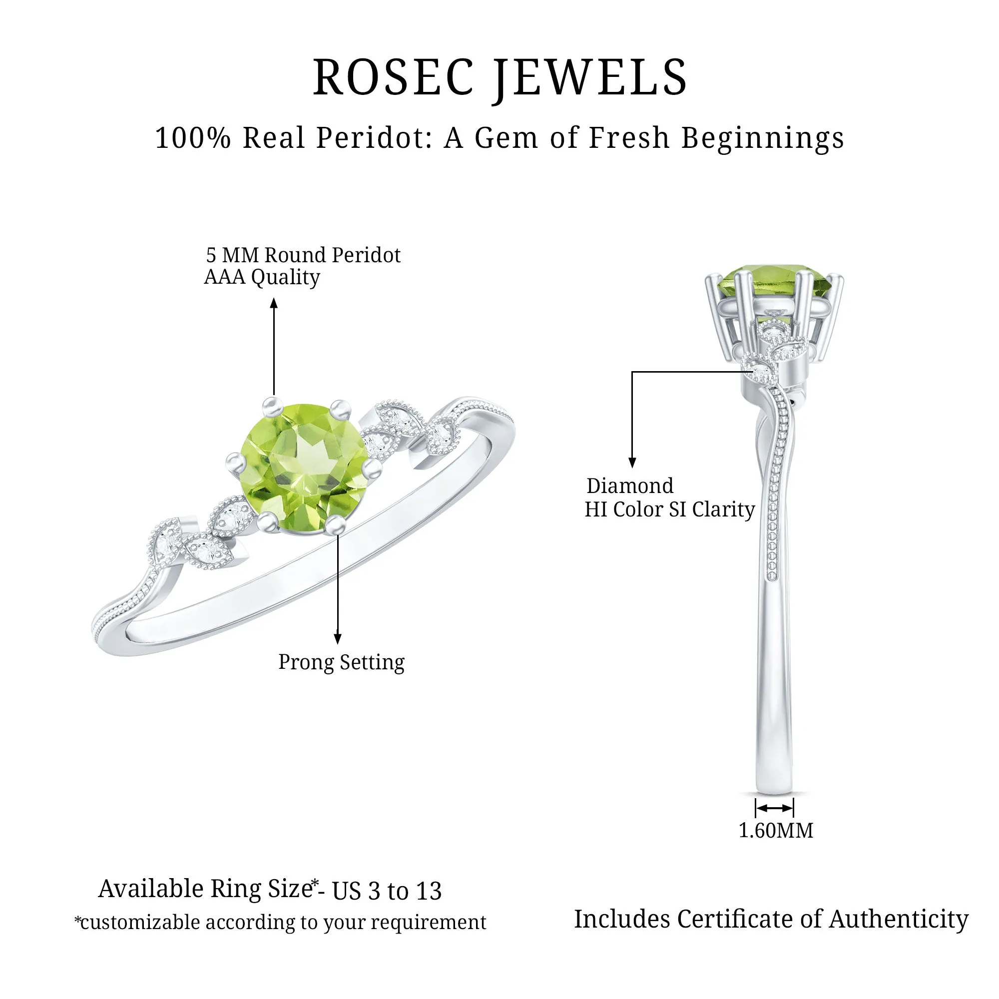 Round Peridot and Diamond Leaf Promise Ring with Beaded Detailing