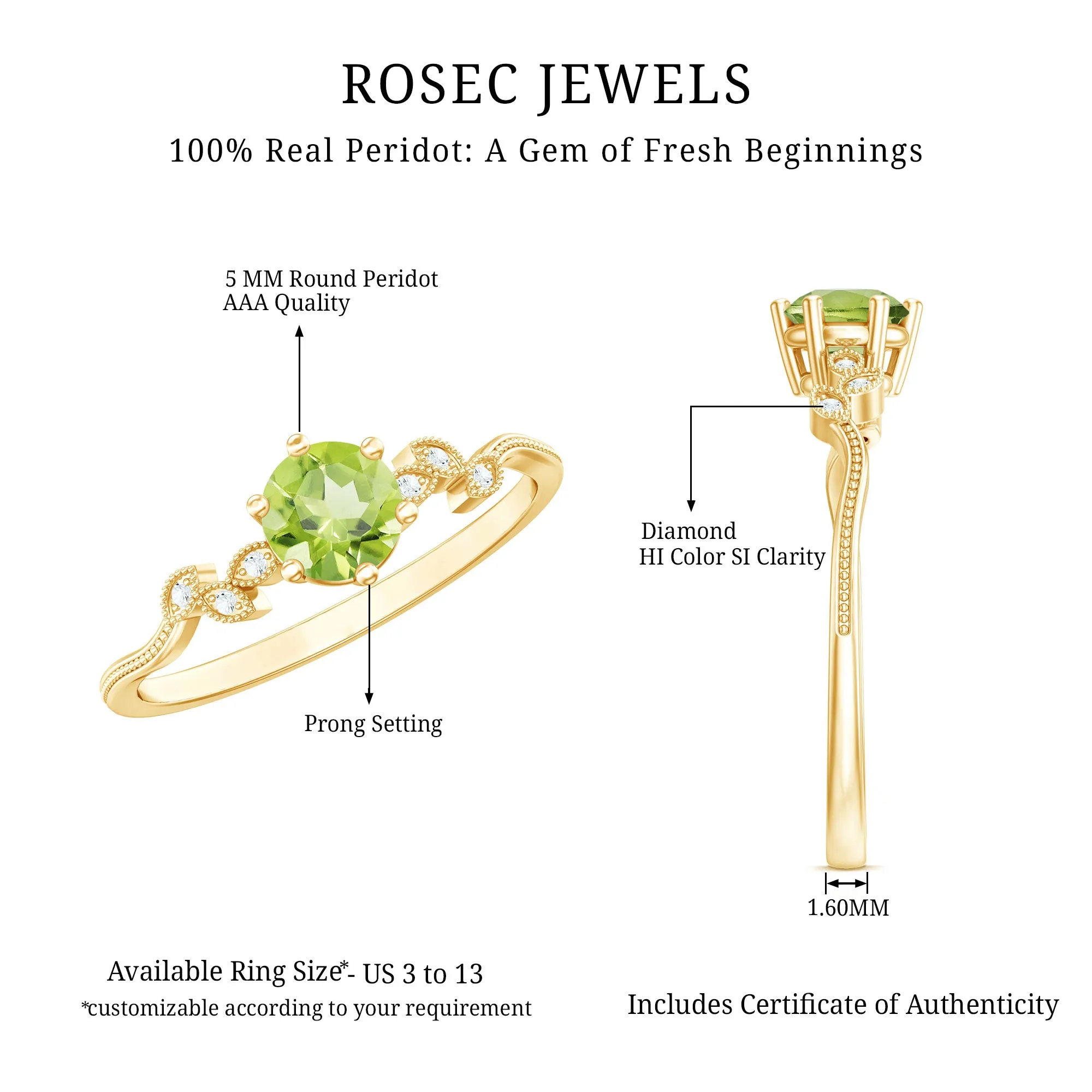 Round Peridot and Diamond Leaf Promise Ring with Beaded Detailing