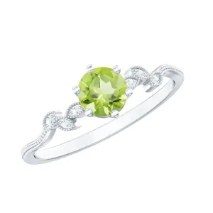 Round Peridot and Diamond Leaf Promise Ring with Beaded Detailing