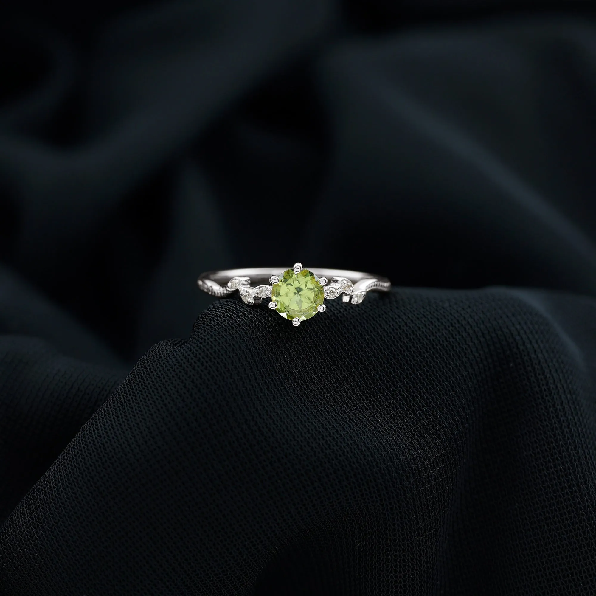 Round Peridot and Diamond Leaf Promise Ring with Beaded Detailing