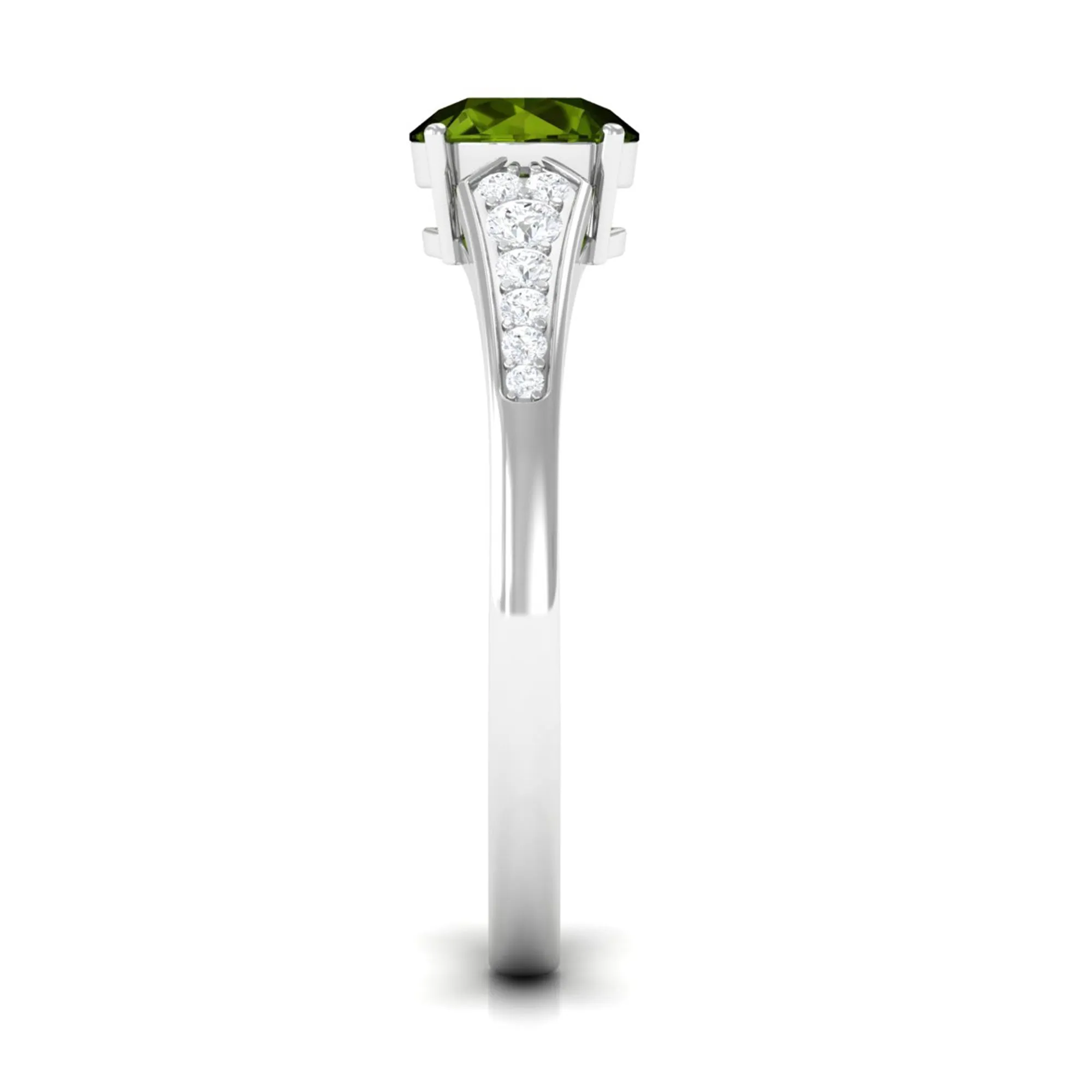 Round Peridot Solitaire Ring with Diamond Side Stones