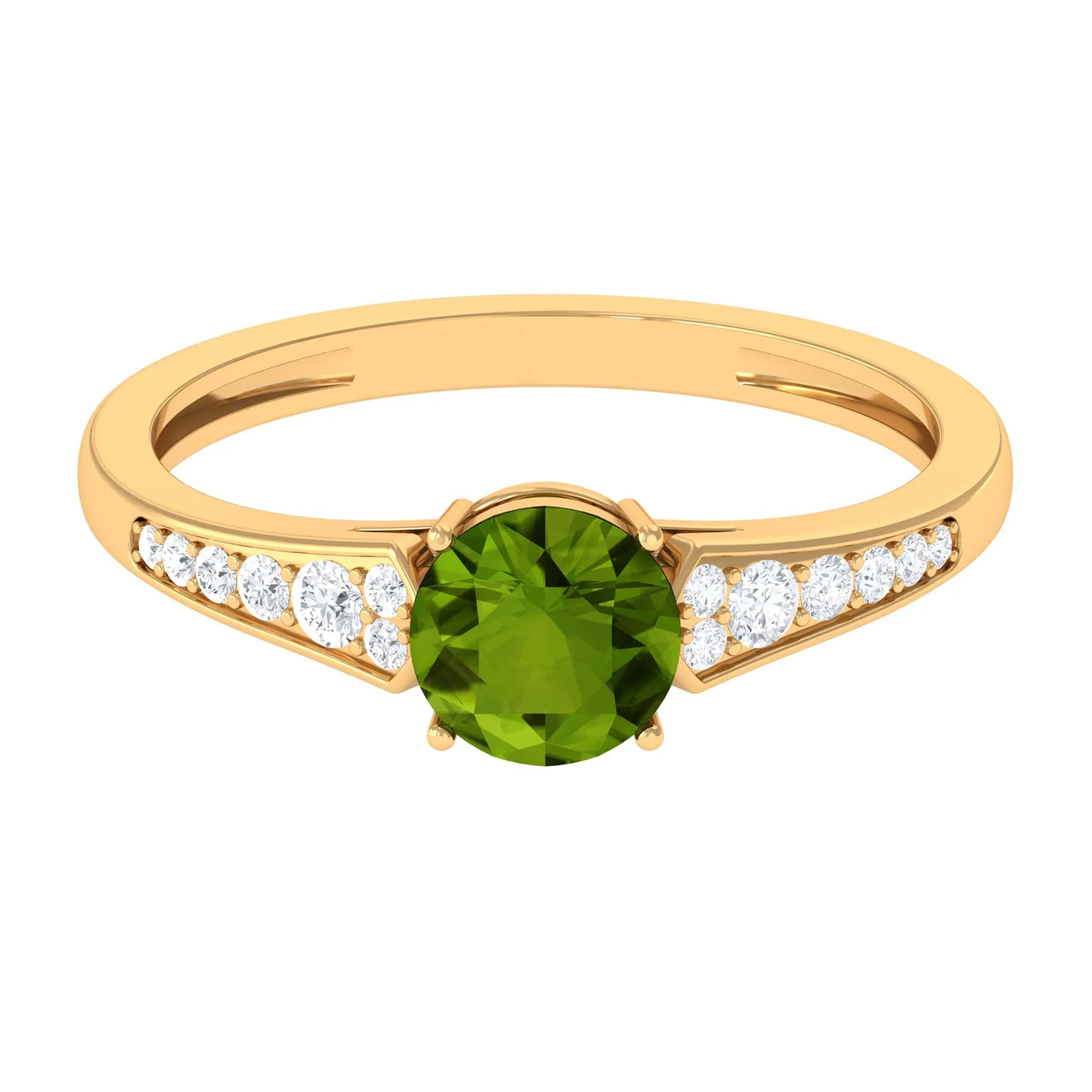 Round Peridot Solitaire Ring with Diamond Side Stones