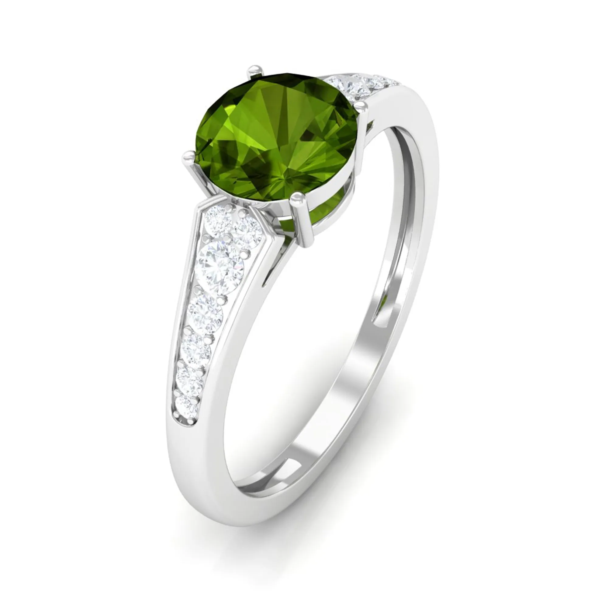 Round Peridot Solitaire Ring with Diamond Side Stones