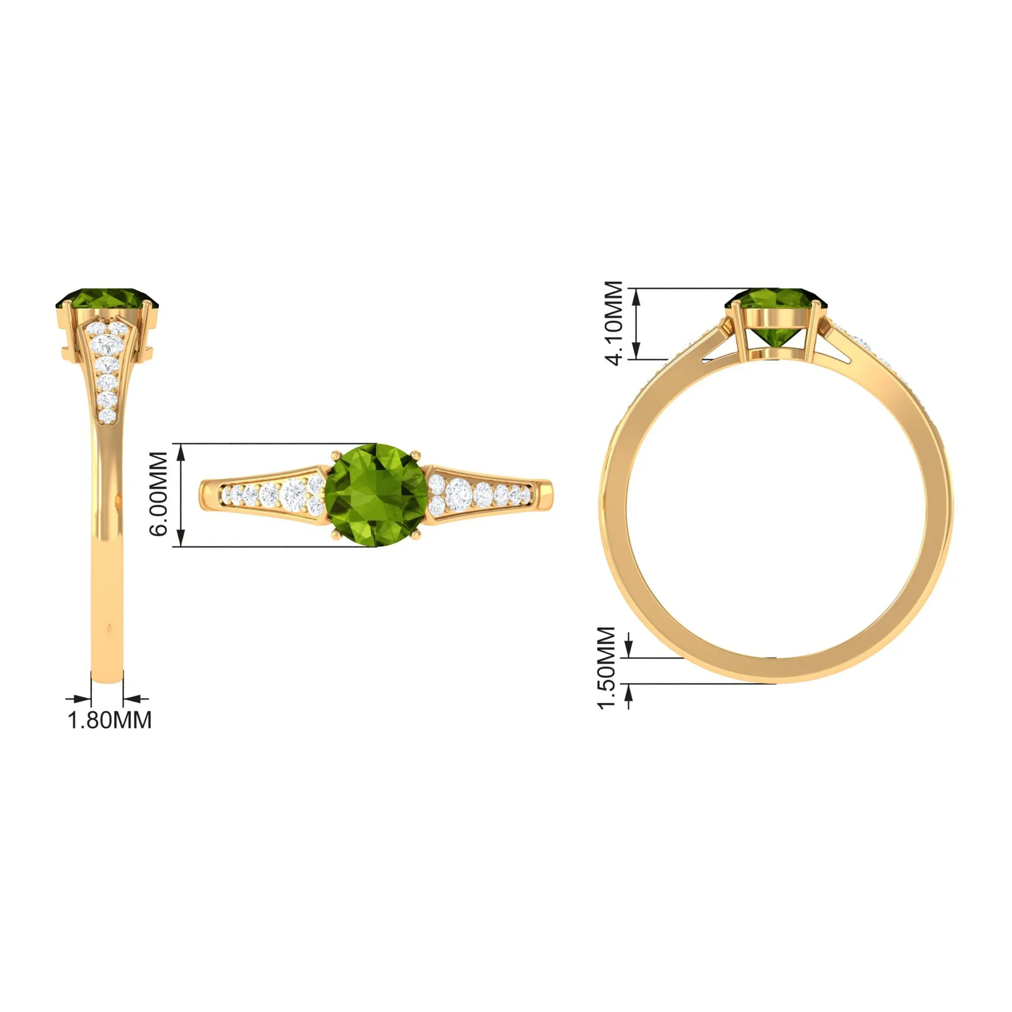 Round Peridot Solitaire Ring with Diamond Side Stones