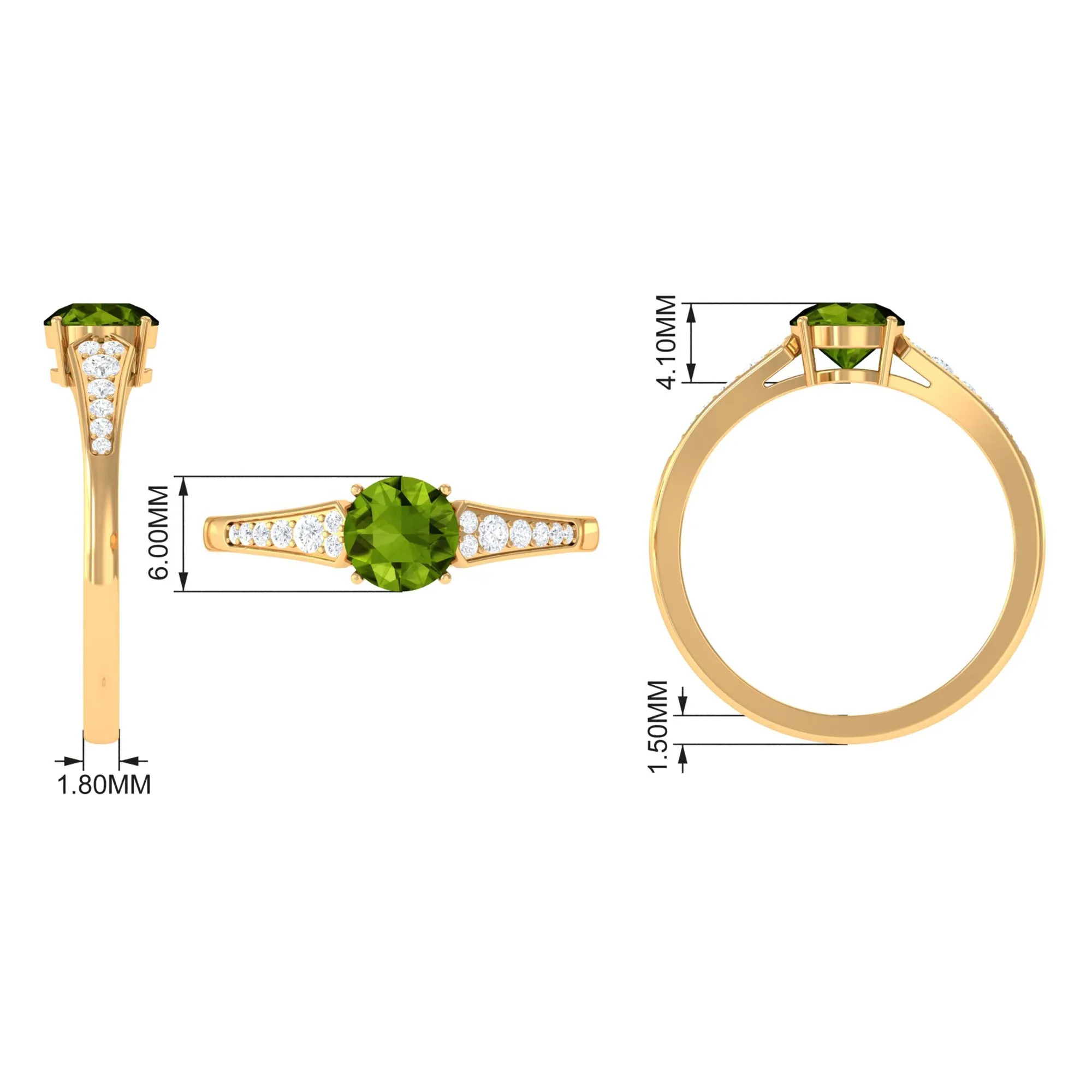 Round Peridot Solitaire Ring with Diamond Side Stones