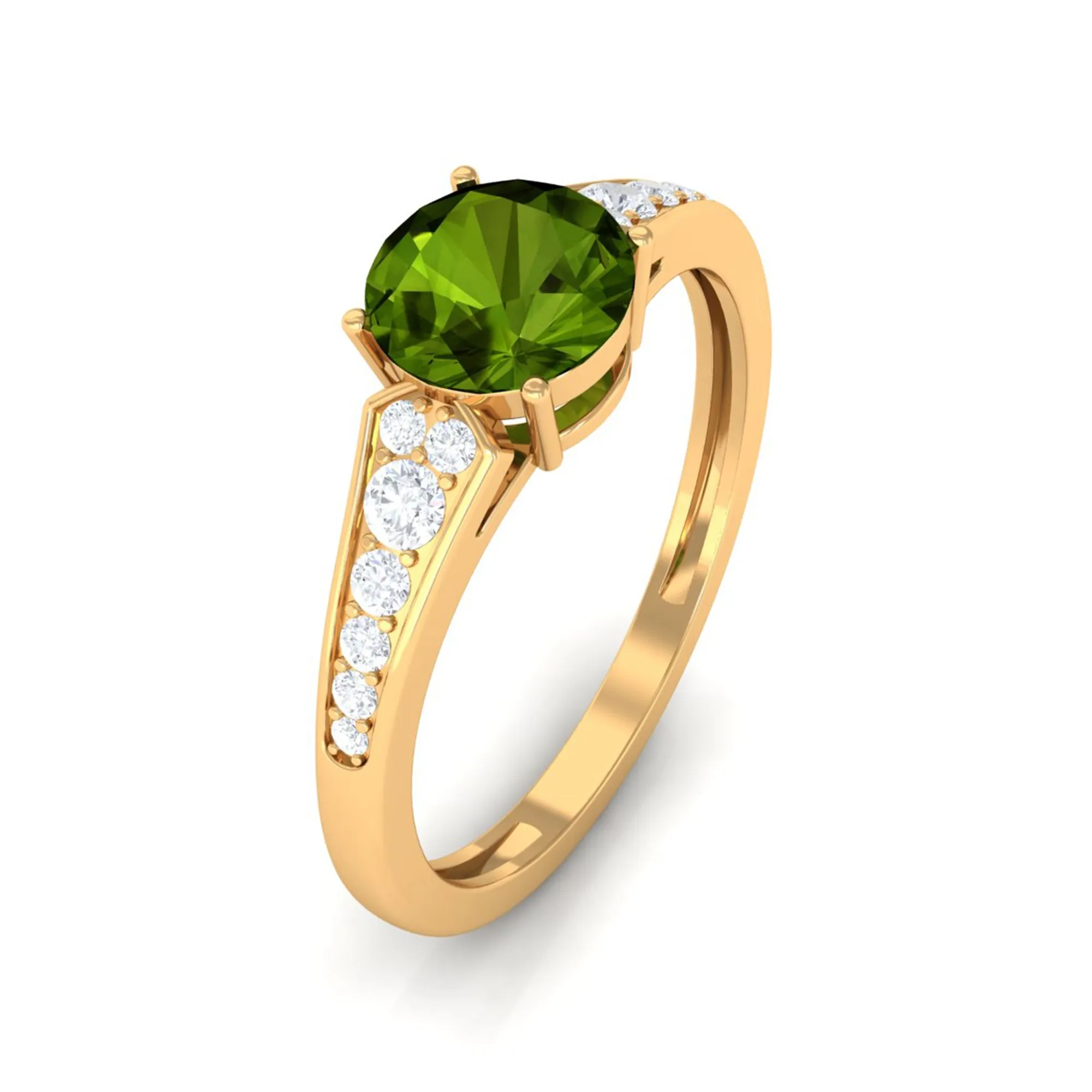 Round Peridot Solitaire Ring with Diamond Side Stones