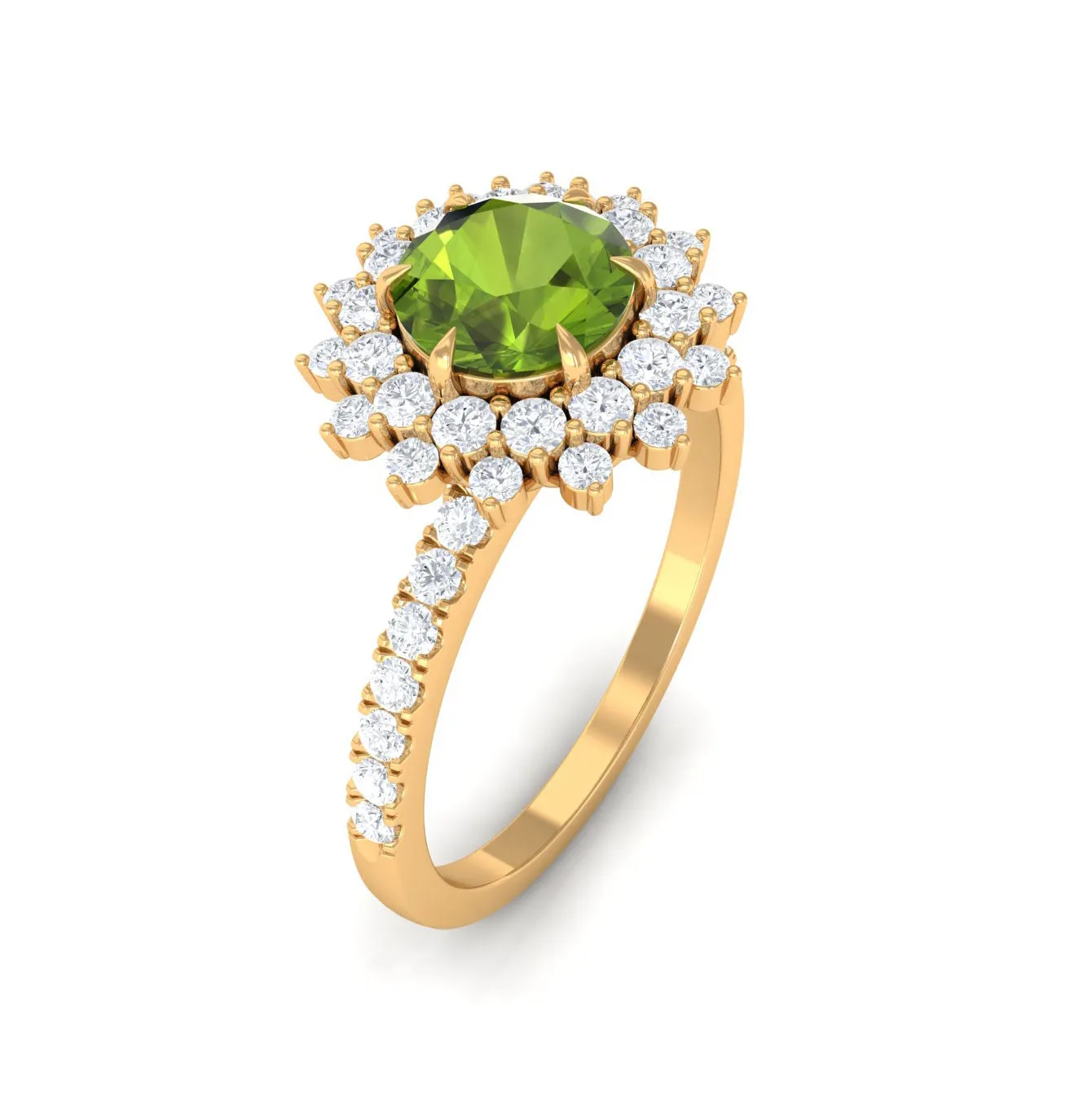 Round Peridot Statement Engagement Ring with Moissanite Cluster Halo