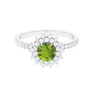 Round Peridot Statement Engagement Ring with Moissanite Cluster Halo