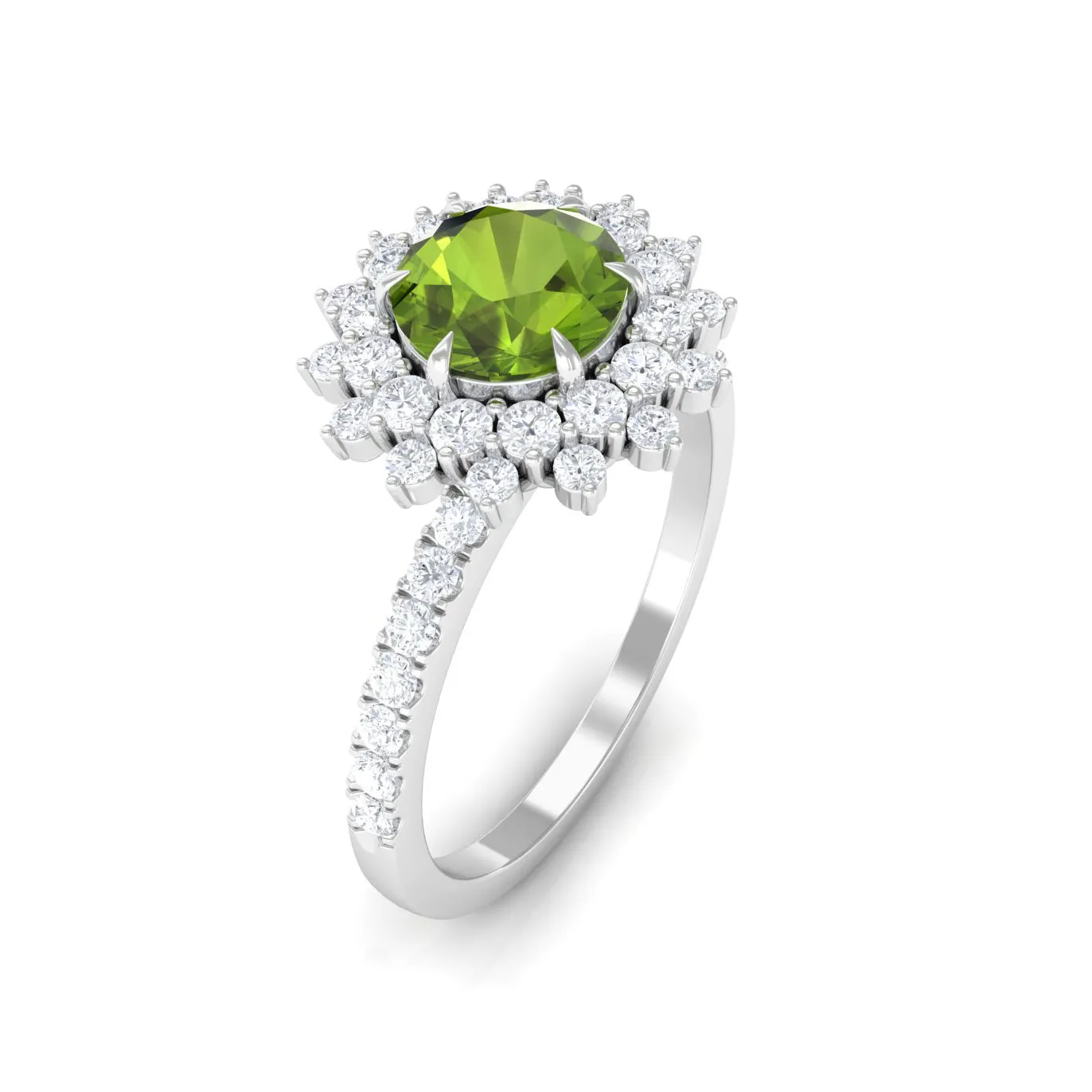 Round Peridot Statement Engagement Ring with Moissanite Cluster Halo