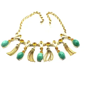 Schiaparelli Bib Necklace with Domed Cabs and Tassels