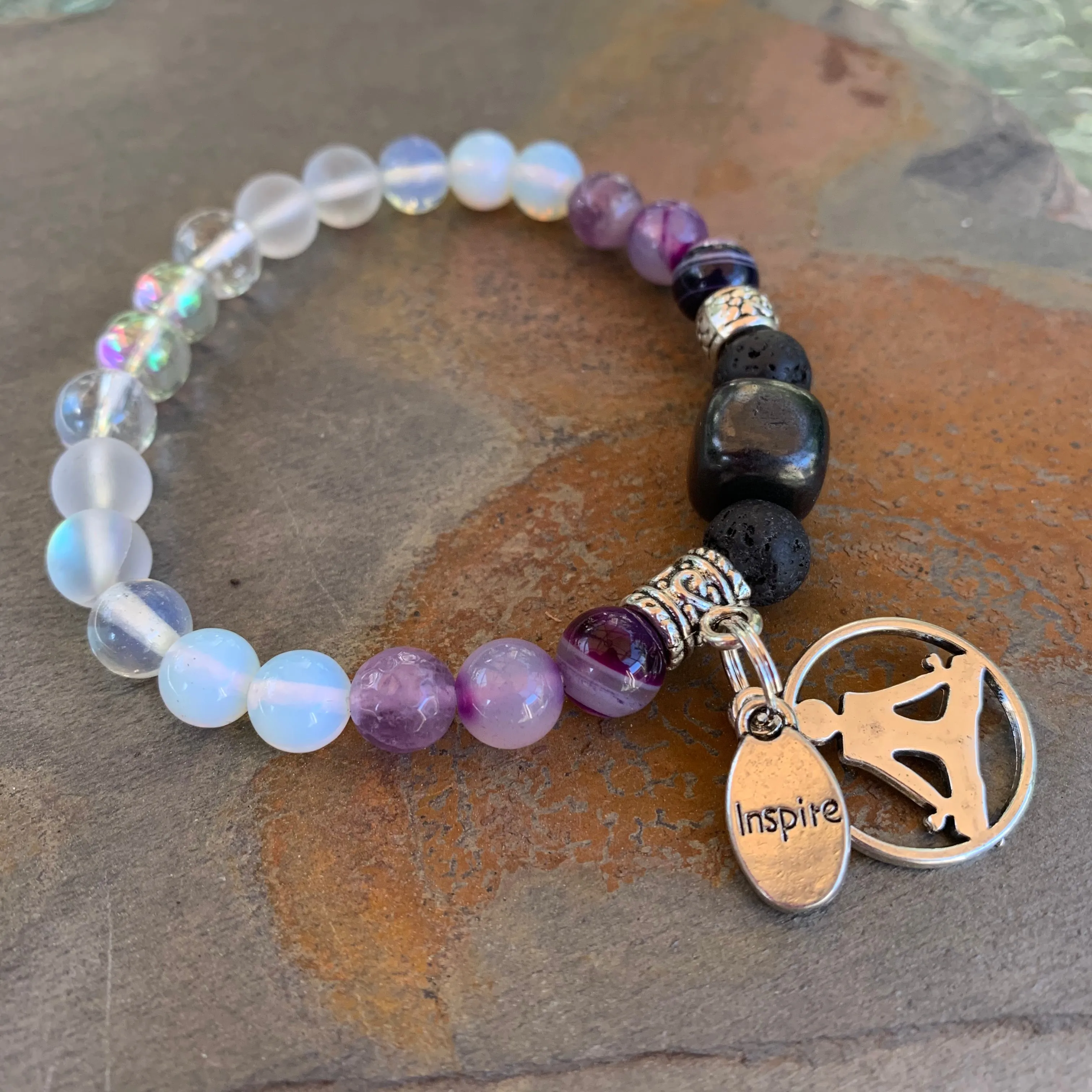 Shungite Amplified CROWN Chakra Bracelet with Tree of Life and INSPIRE Charms ~ Medium [#38]