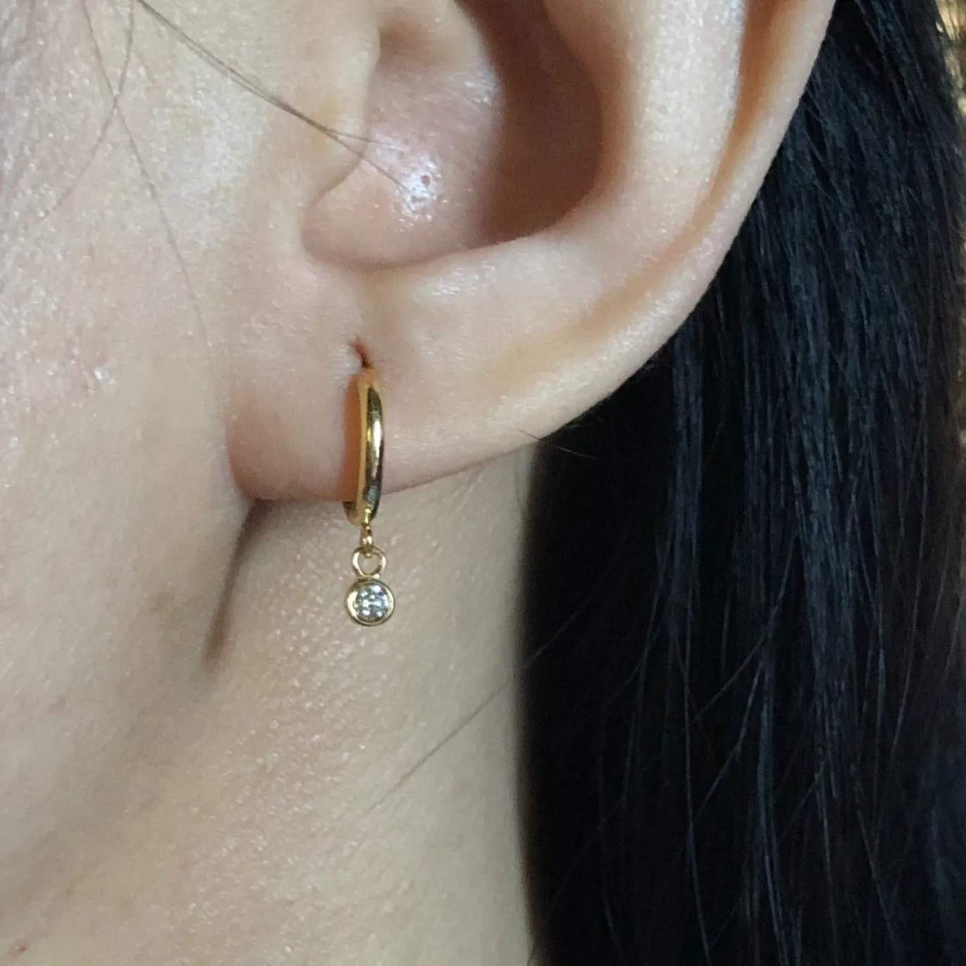 Small Hoop Earrings with Hanging Diamonds, Solid 14k Gold, Single / Pair