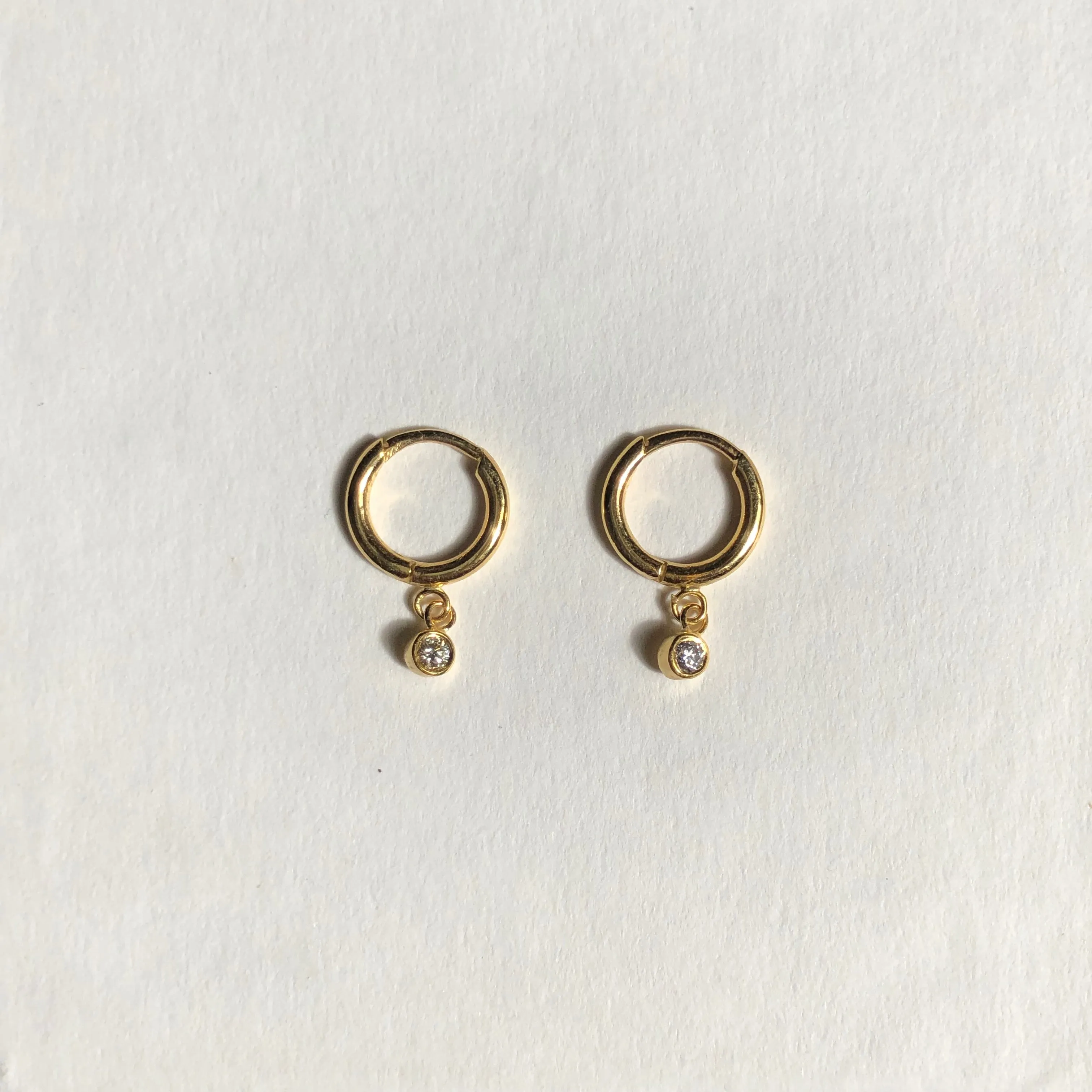 Small Hoop Earrings with Hanging Diamonds, Solid 14k Gold, Single / Pair