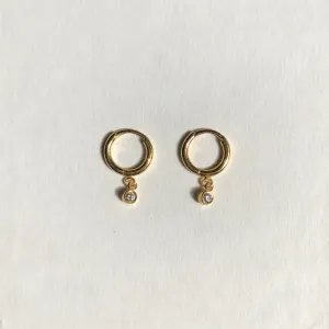 Small Hoop Earrings with Hanging Diamonds, Solid 14k Gold, Single / Pair