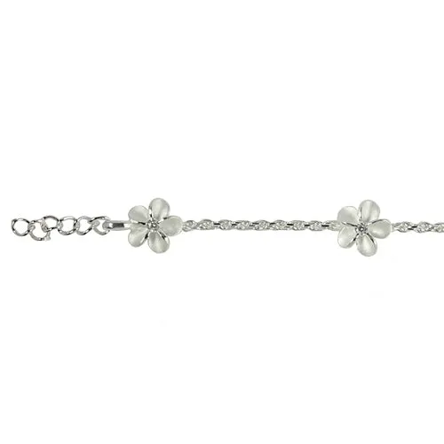 Stelring Silver Rope Chain Plumeria with Clear CZ Links Bracelet