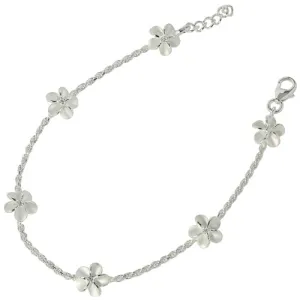 Stelring Silver Rope Chain Plumeria with Clear CZ Links Bracelet