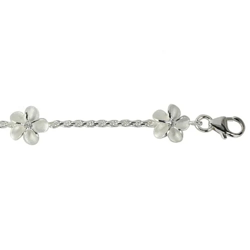 Stelring Silver Rope Chain Plumeria with Clear CZ Links Bracelet