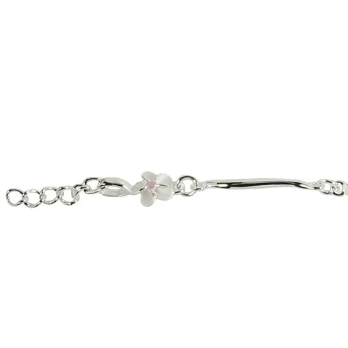 Sterling Silver Hawaiian Plumeria with Pink CZ Wave Bar Links Bracelet