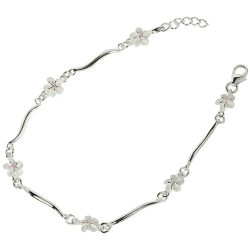 Sterling Silver Hawaiian Plumeria with Pink CZ Wave Bar Links Bracelet