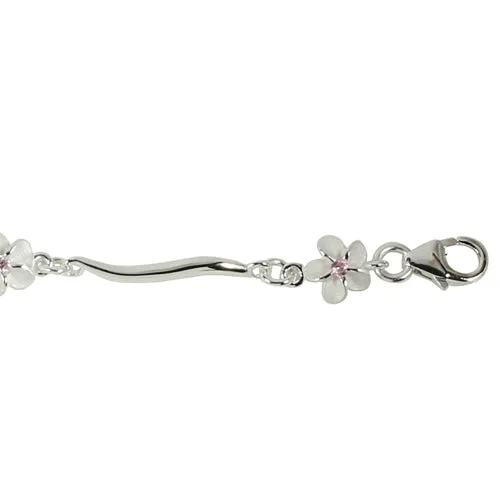 Sterling Silver Hawaiian Plumeria with Pink CZ Wave Bar Links Bracelet