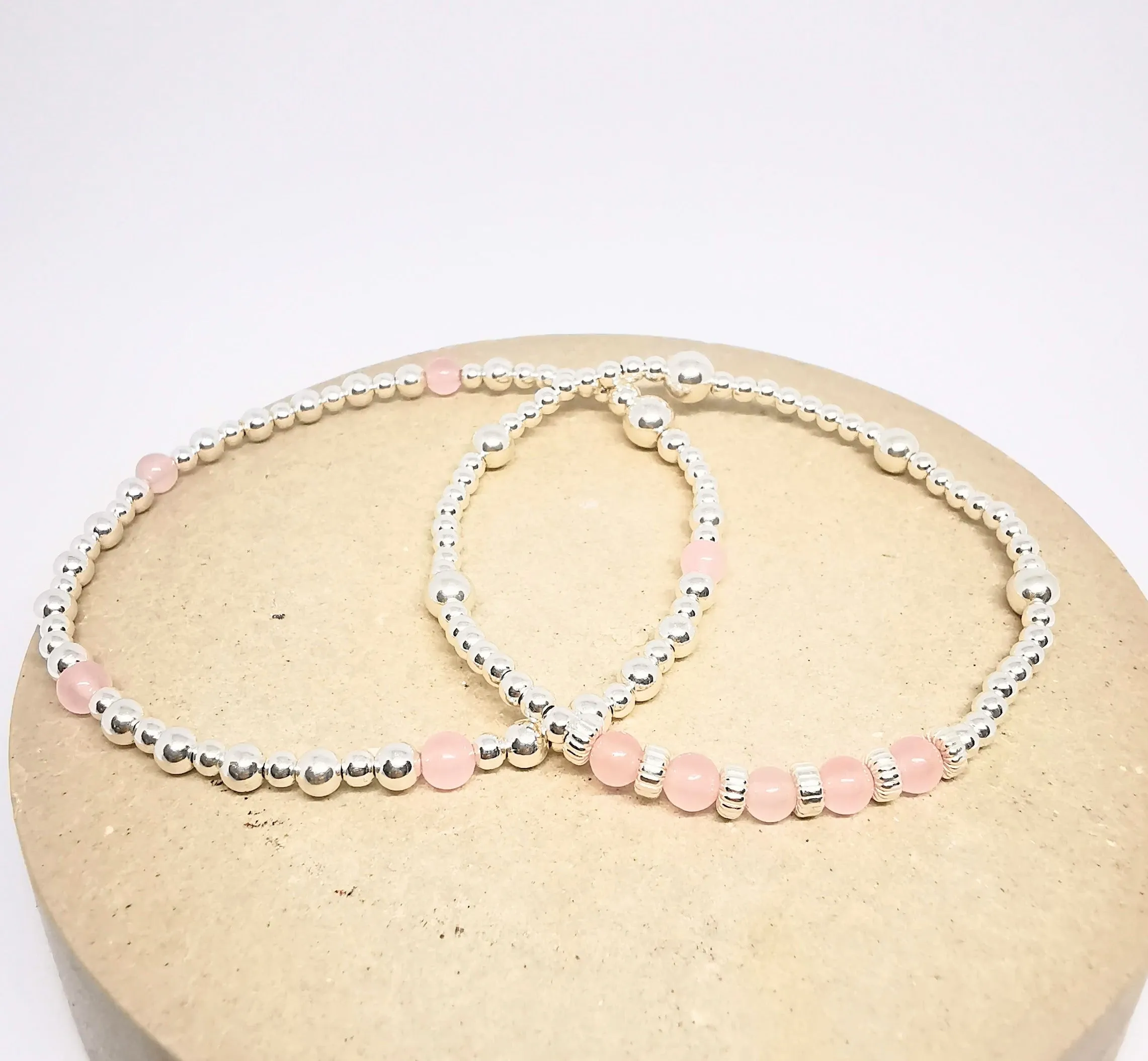 Sterling Silver Rose Quartz Bead Bracelet Duo Set