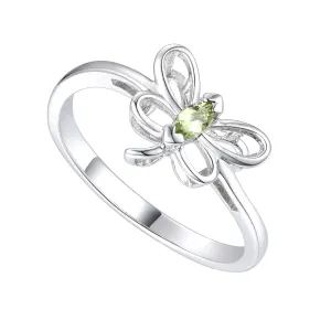 Sterling Silver White Gold Plated with Peridot Tourmaline Gemstone Butterfly Ring for Kids/Teens