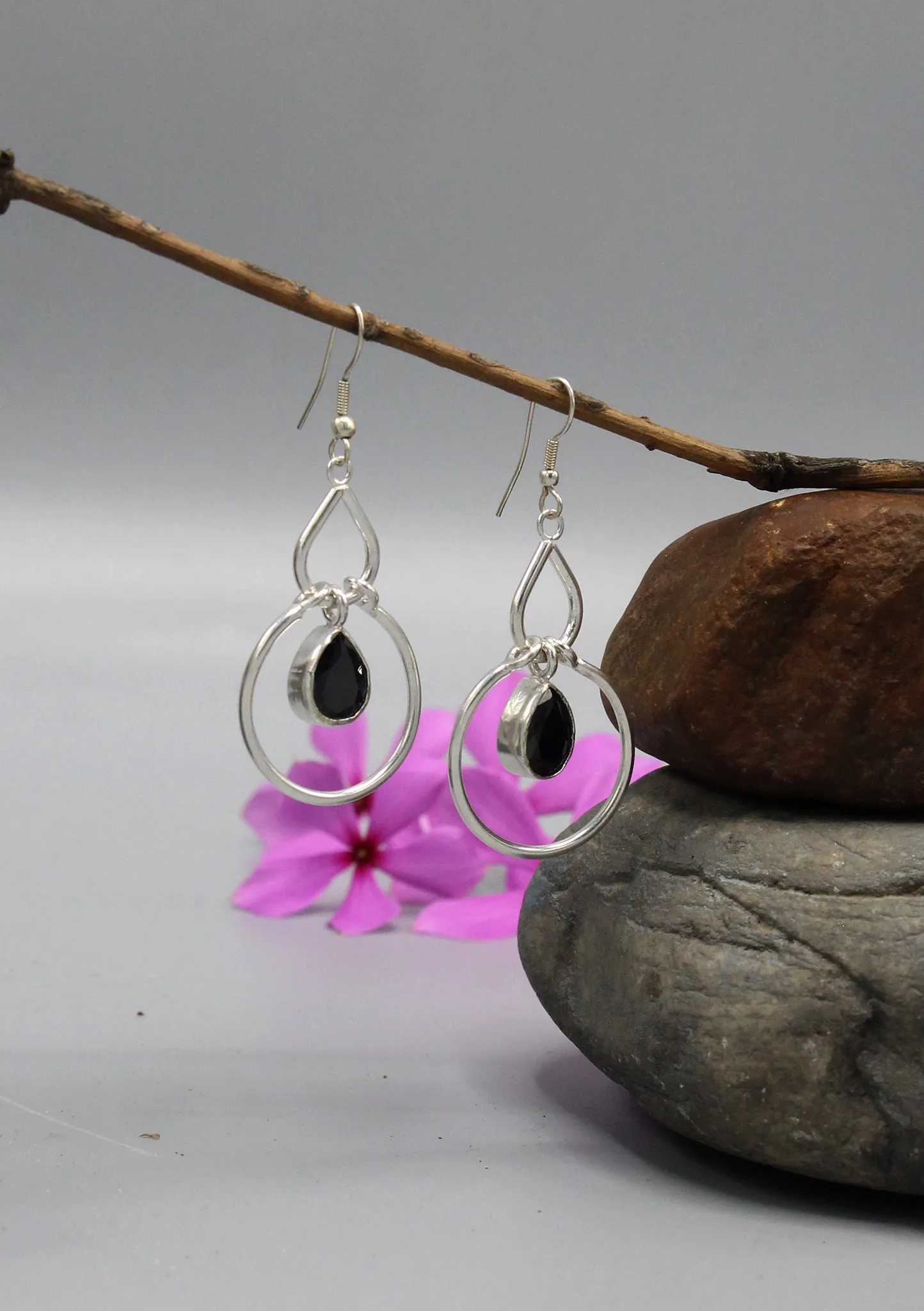 Teardrop Onyx Silver Plated Earrings