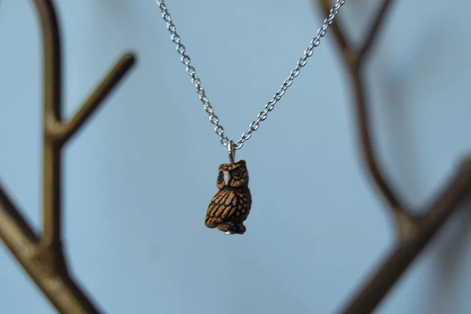 Tiny Night Owl Necklace | Cute Ceramic Painted Owl | Bird Charm Necklace