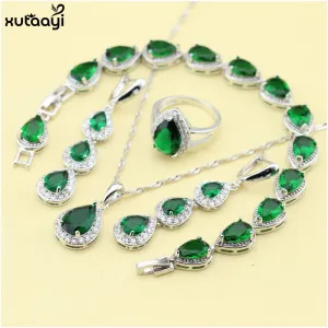 Top Quality 925 Silver Green Imitated Emerald Fancy Necklace Ring Earrings and Bracelet Wedding Jewelry Set