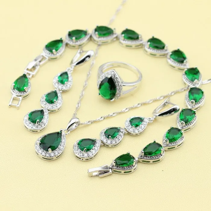 Top Quality 925 Silver Green Imitated Emerald Fancy Necklace Ring Earrings and Bracelet Wedding Jewelry Set