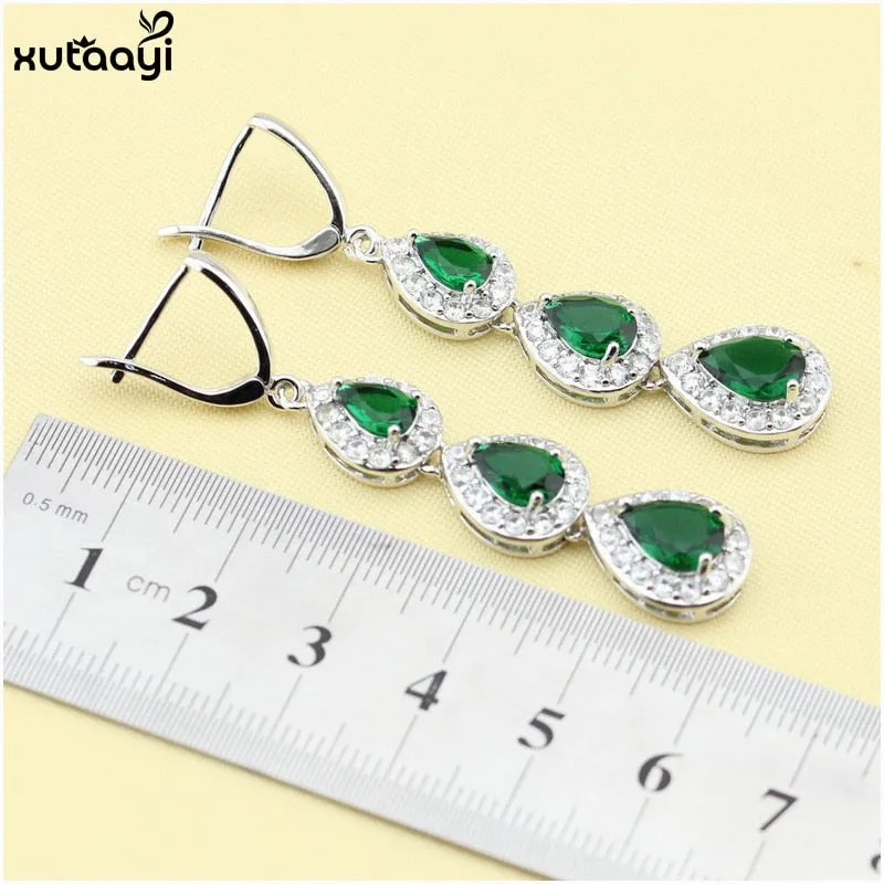 Top Quality 925 Silver Green Imitated Emerald Fancy Necklace Ring Earrings and Bracelet Wedding Jewelry Set