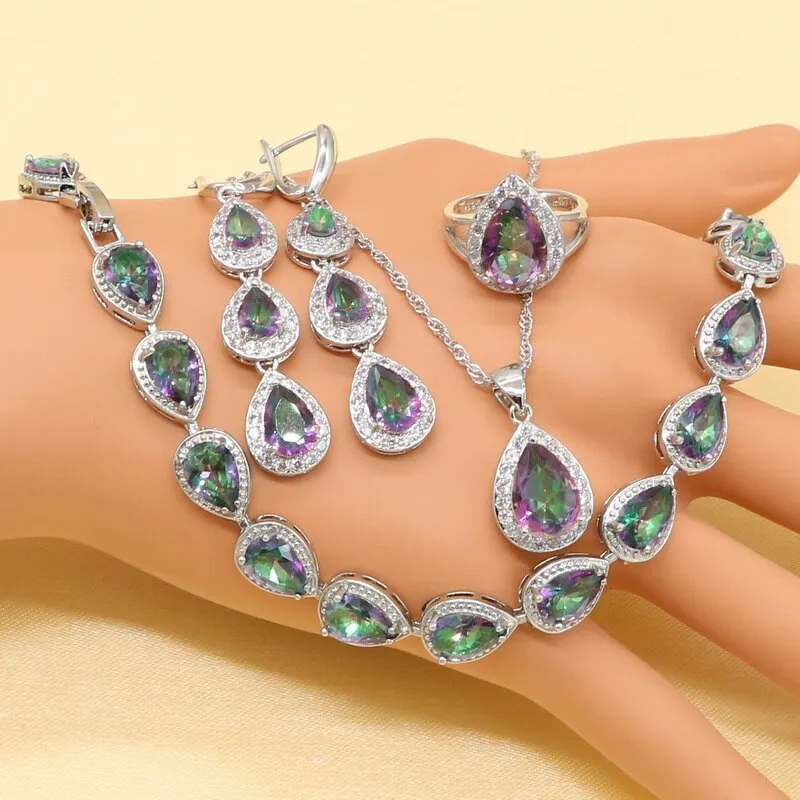 Top Quality 925 Silver Green Imitated Emerald Fancy Necklace Ring Earrings and Bracelet Wedding Jewelry Set