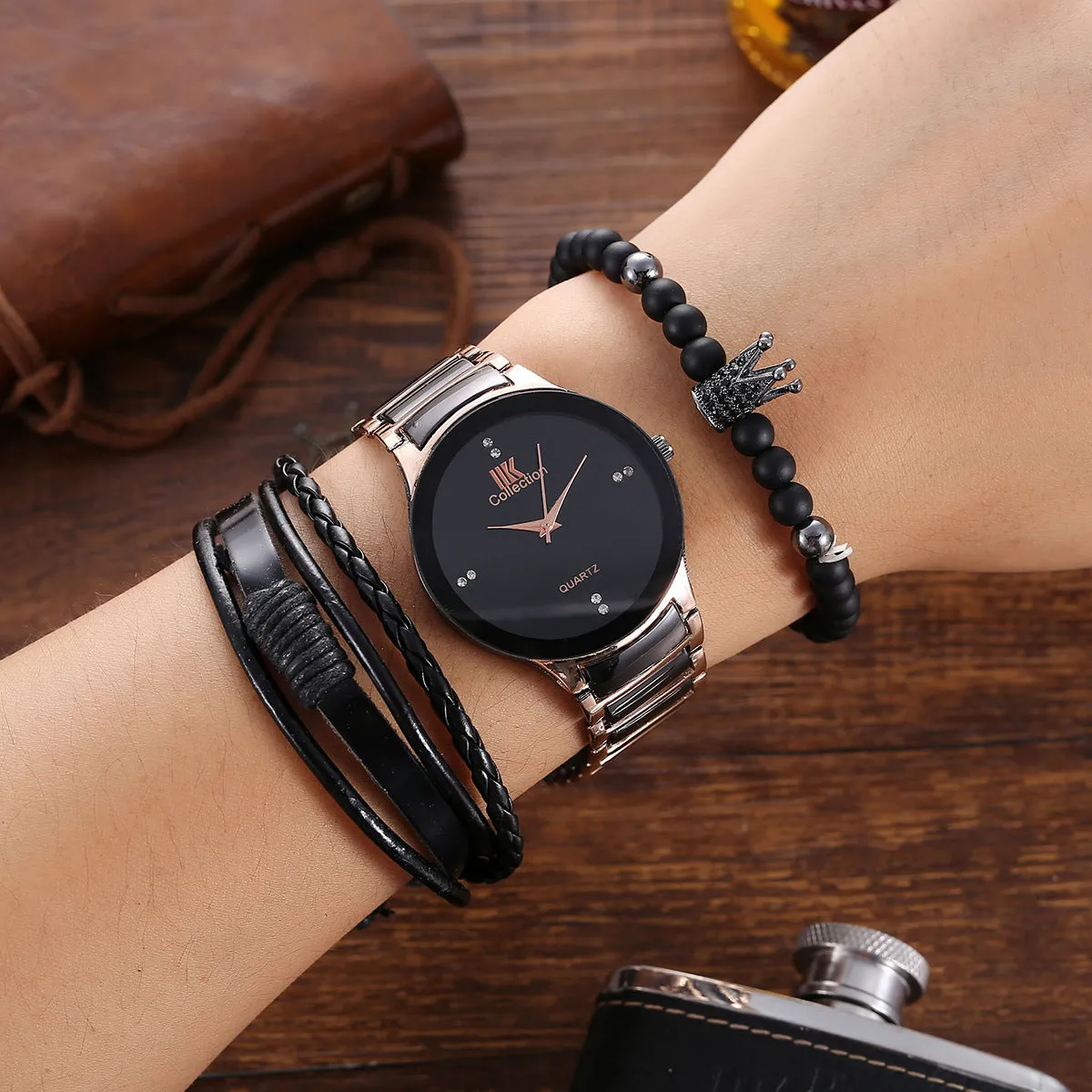 Trendy Business Excellent Elegant Steel Belt Quartz Watch and Bracelet Set