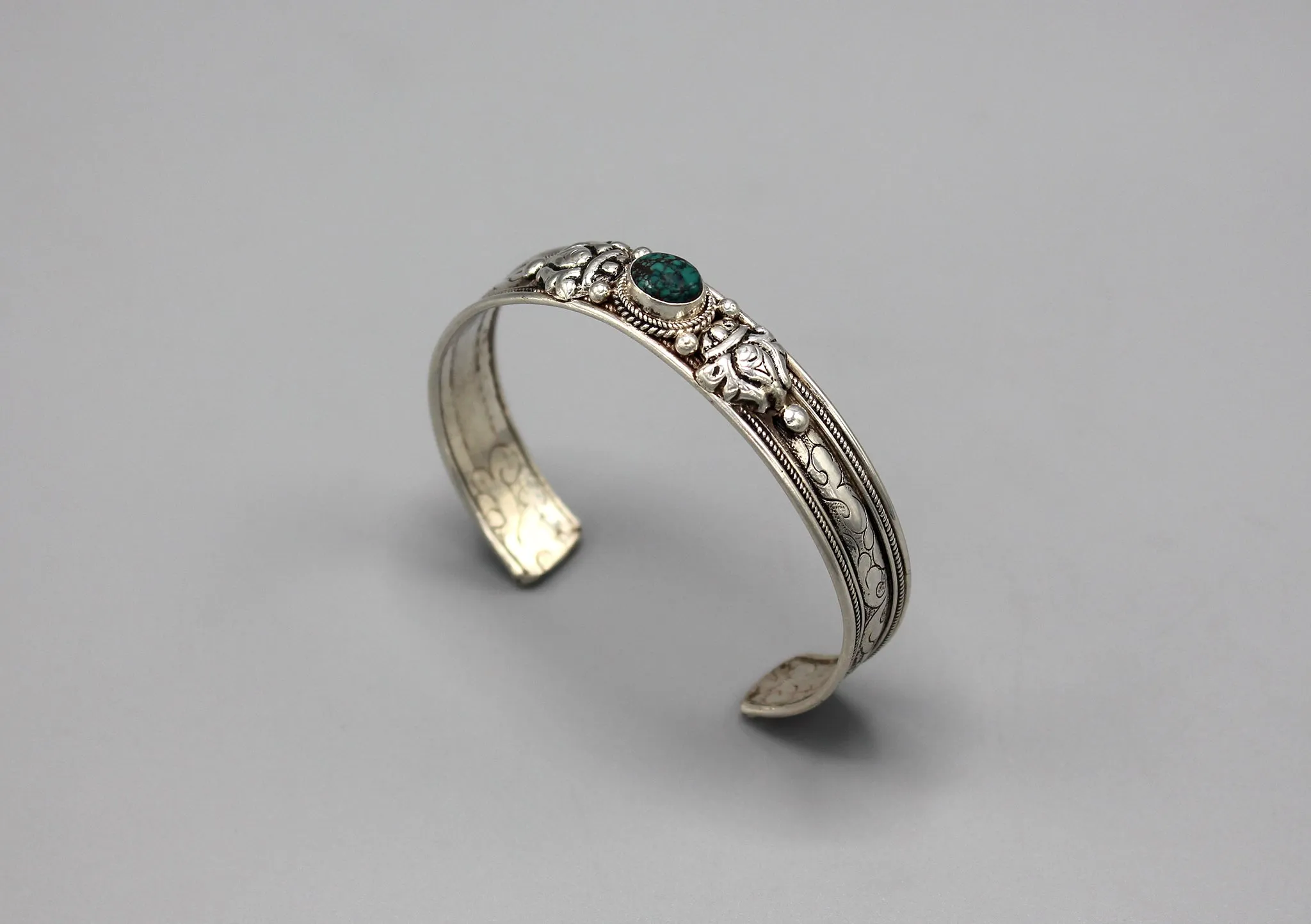 Turquoise Inlaid Sterling Silver Tibetan Bracelet