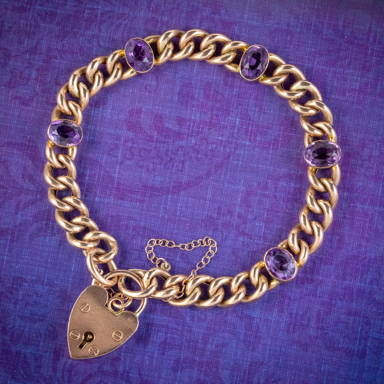 Victorian Style Amethyst Curb Bracelet 9ct Gold Heart Padlock 7.5ct Of Amethyst Dated 1969