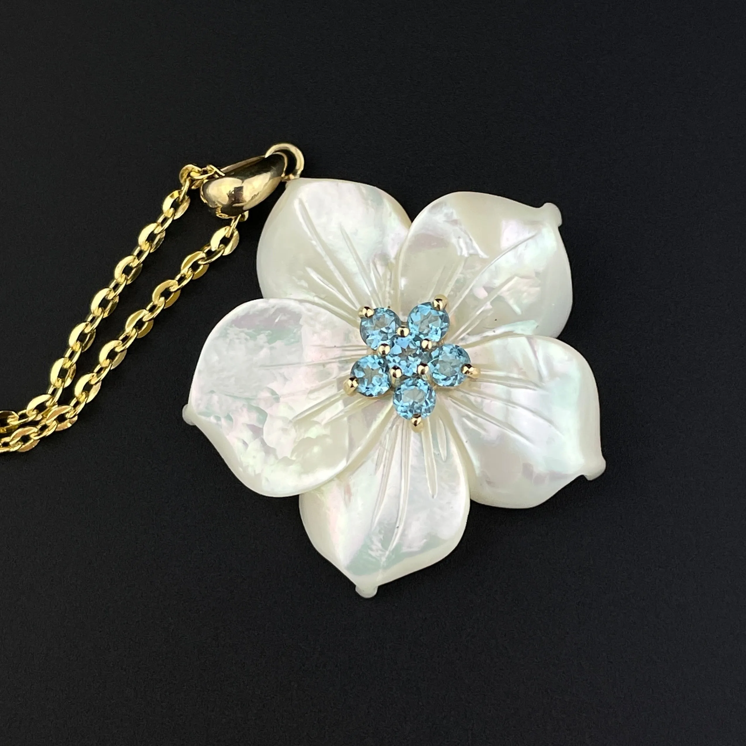 Vintage Gold Blue Topaz Mother of Pearl Flower Pendant Necklace