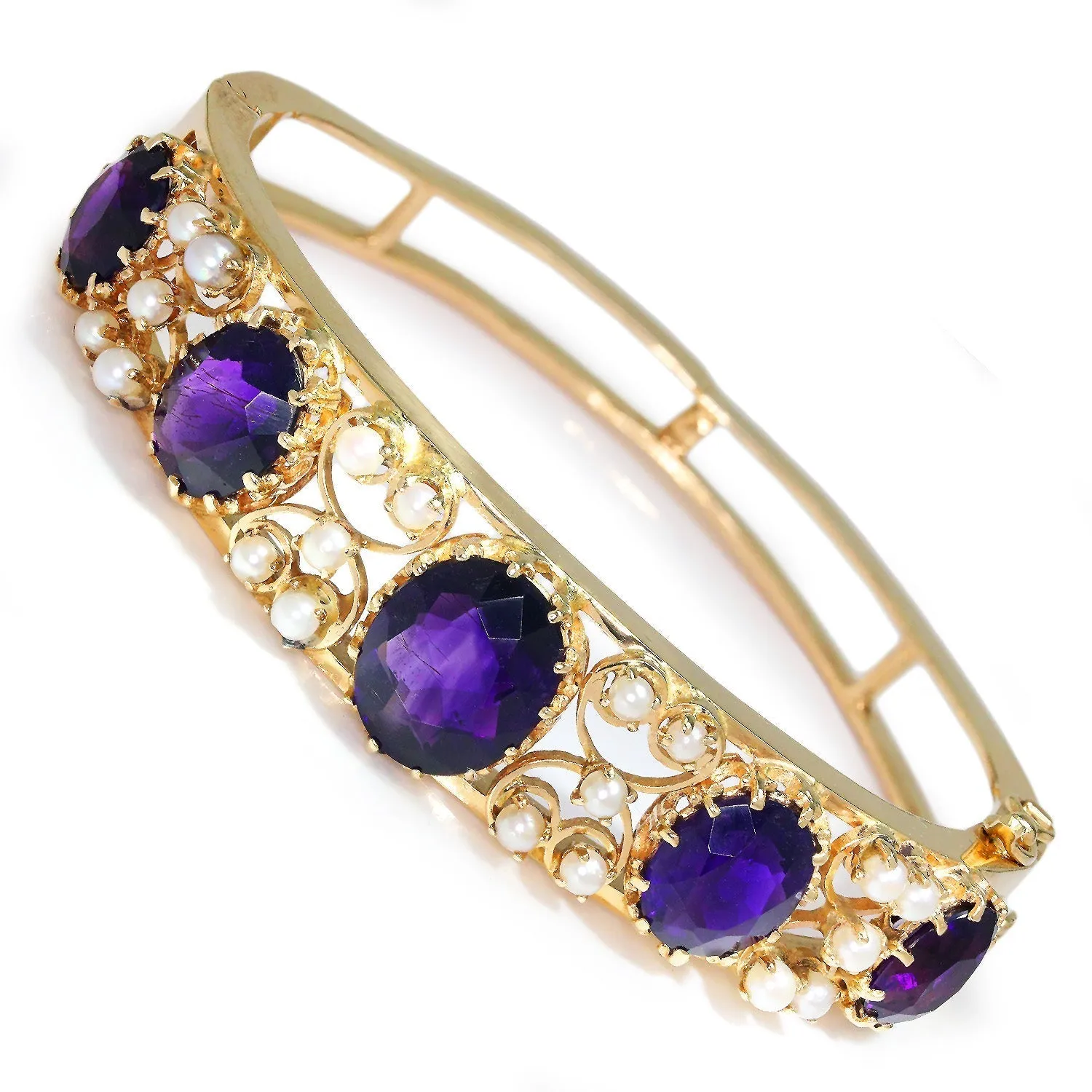 Vintage Oval Amethyst Bangle with Pearls 14K Yellow Gold