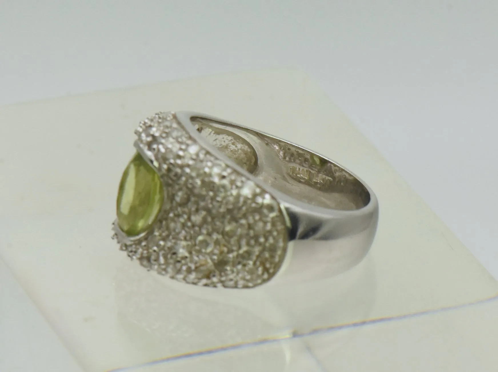 Vintage Sterling Silver Peridot and Rhinestones Saddle Ring - Size 6