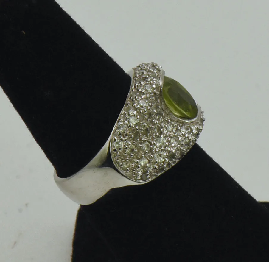 Vintage Sterling Silver Peridot and Rhinestones Saddle Ring - Size 6