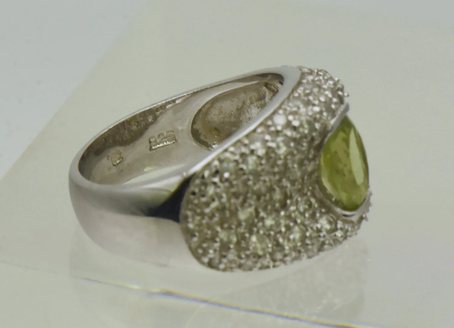 Vintage Sterling Silver Peridot and Rhinestones Saddle Ring - Size 6