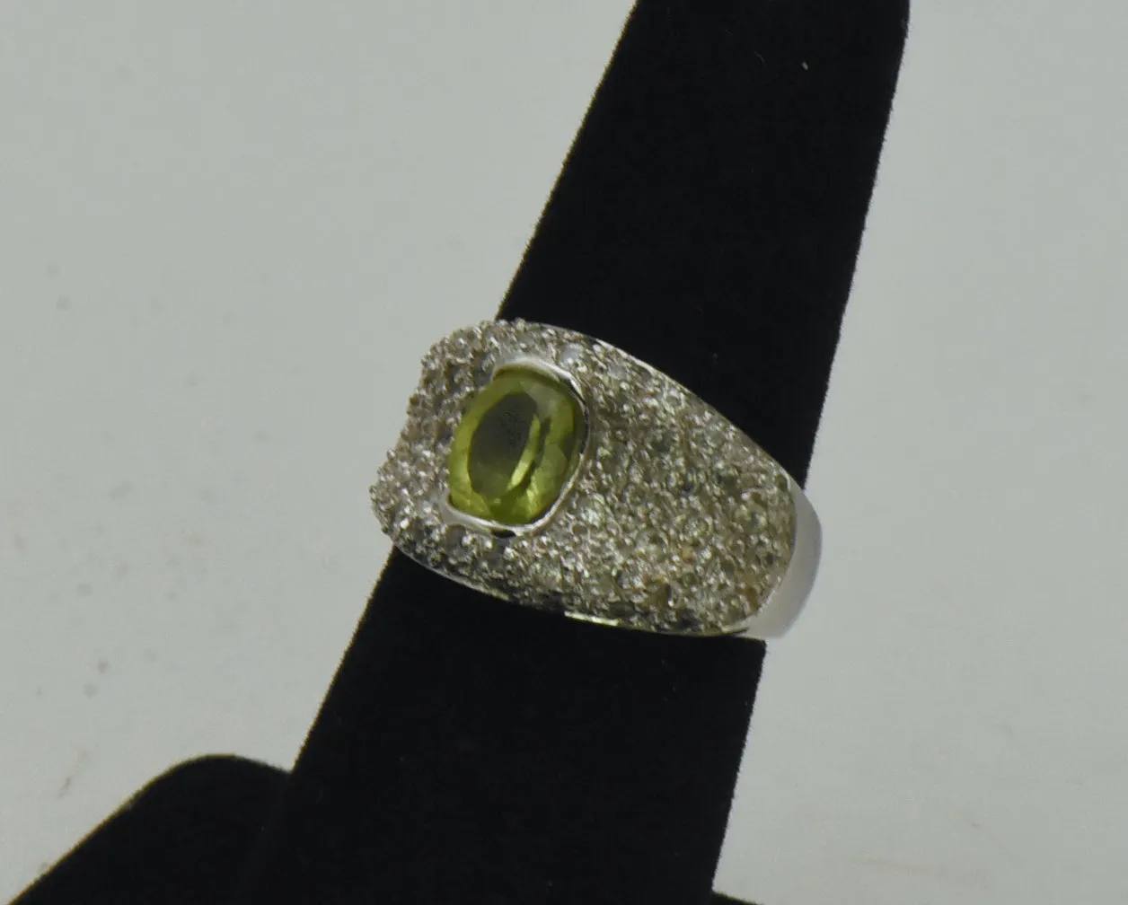 Vintage Sterling Silver Peridot and Rhinestones Saddle Ring - Size 6