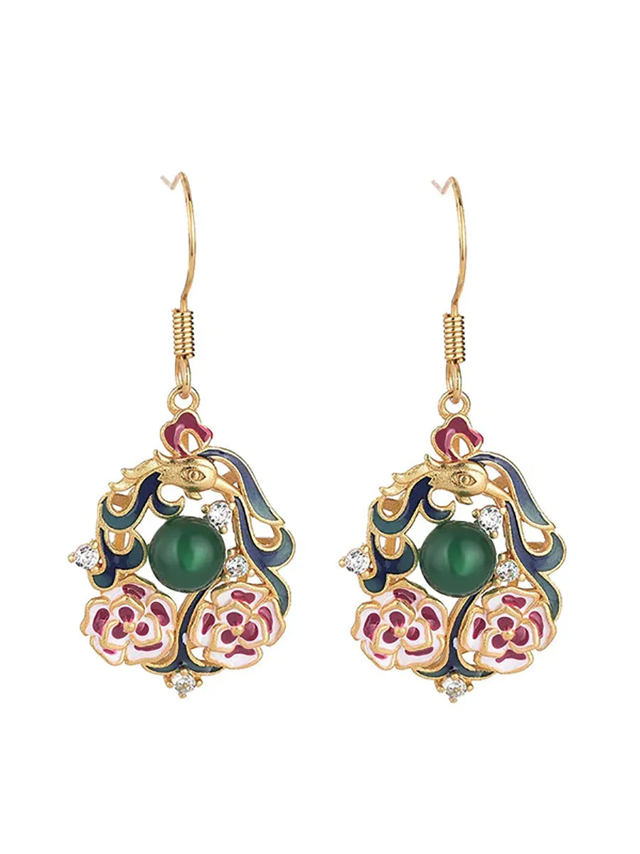 Women Chinese Style Enamel Flower Jade Sliver Earrings